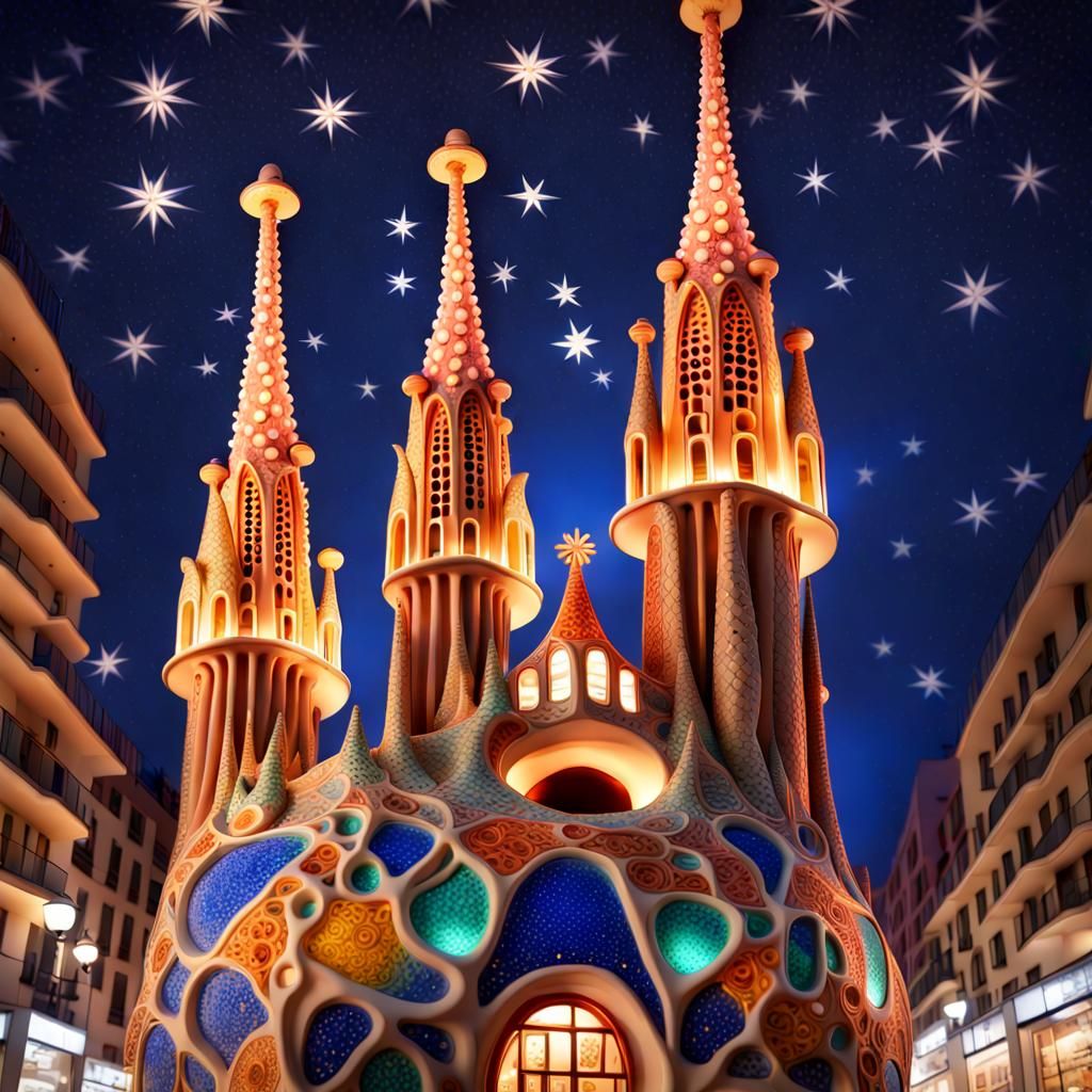 Magical Barcelona Christmas Scene in Gaudi Style