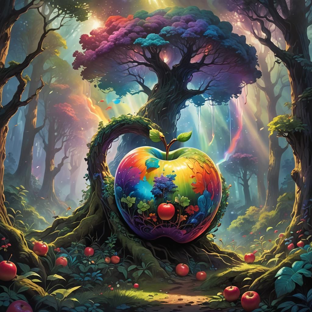 Rainbow Cloud Apple in Mystical Forest