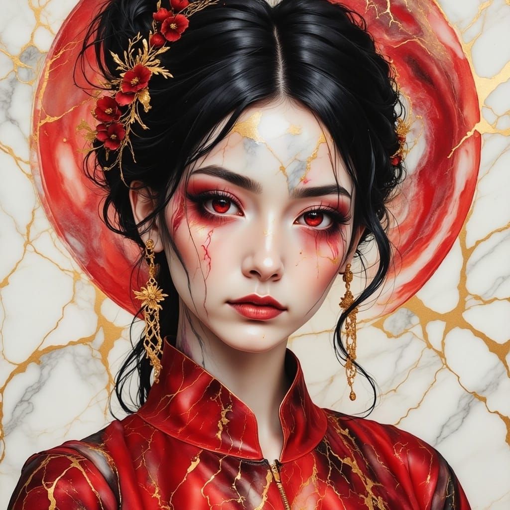 Traditional Asian Goddess Amidst Rich Marble Hues