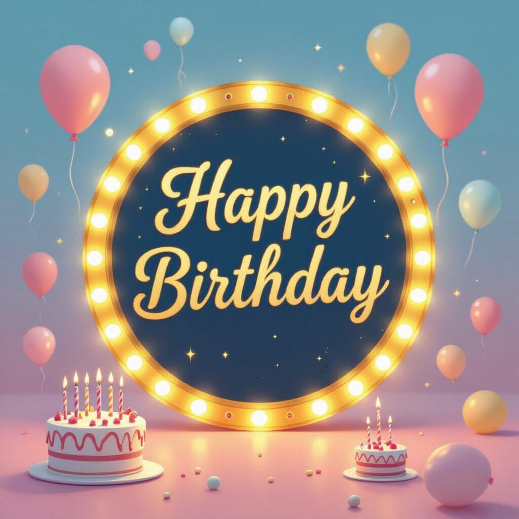 Golden Birthday Frame with Balloons and Cake