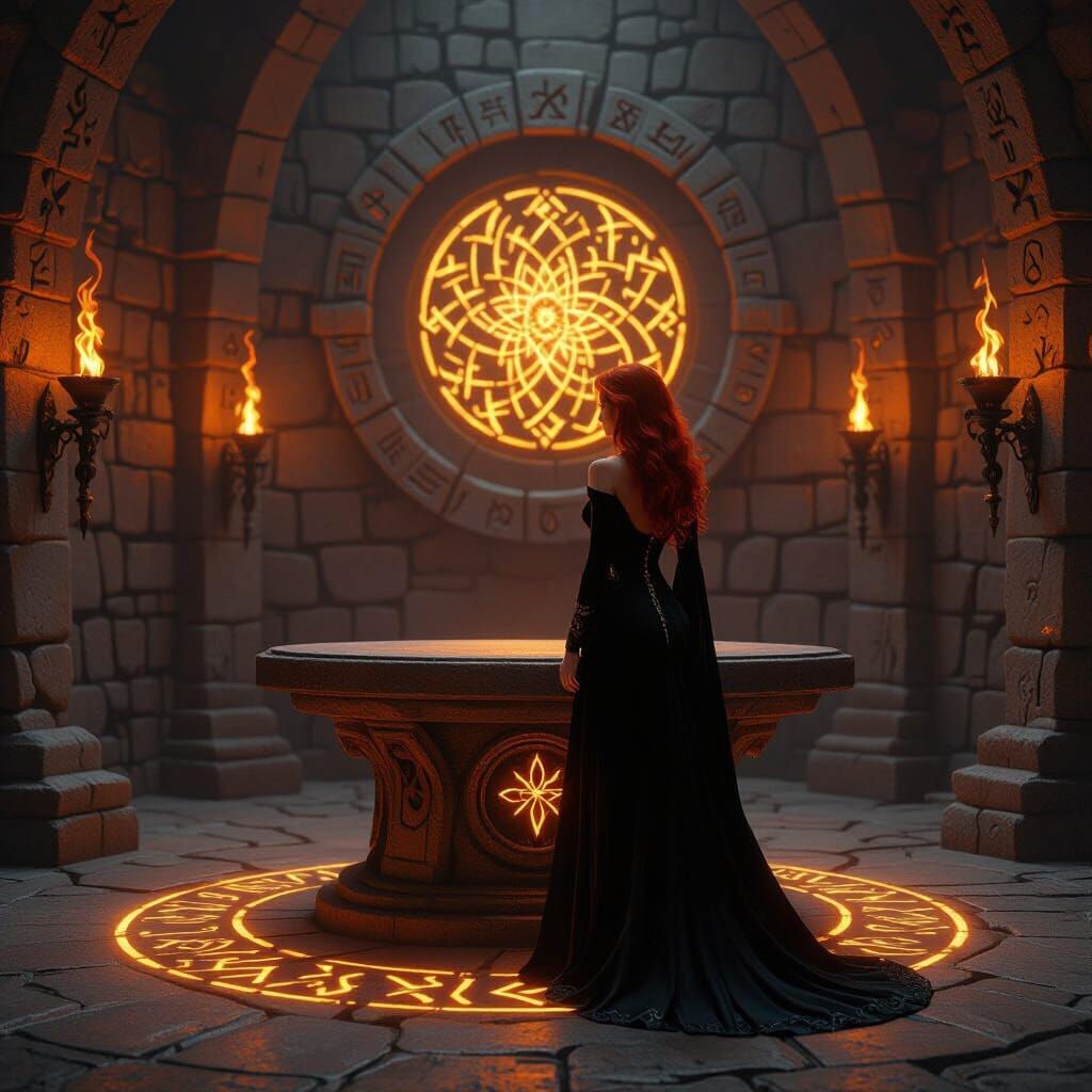 Mystical Stone Room with Witch and Glowing Runes