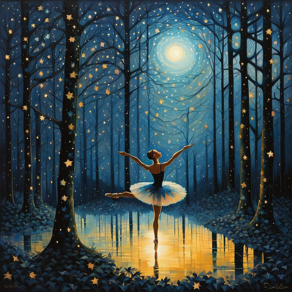 Ballerina Dances in Dark Fantasy Expressionist Forest