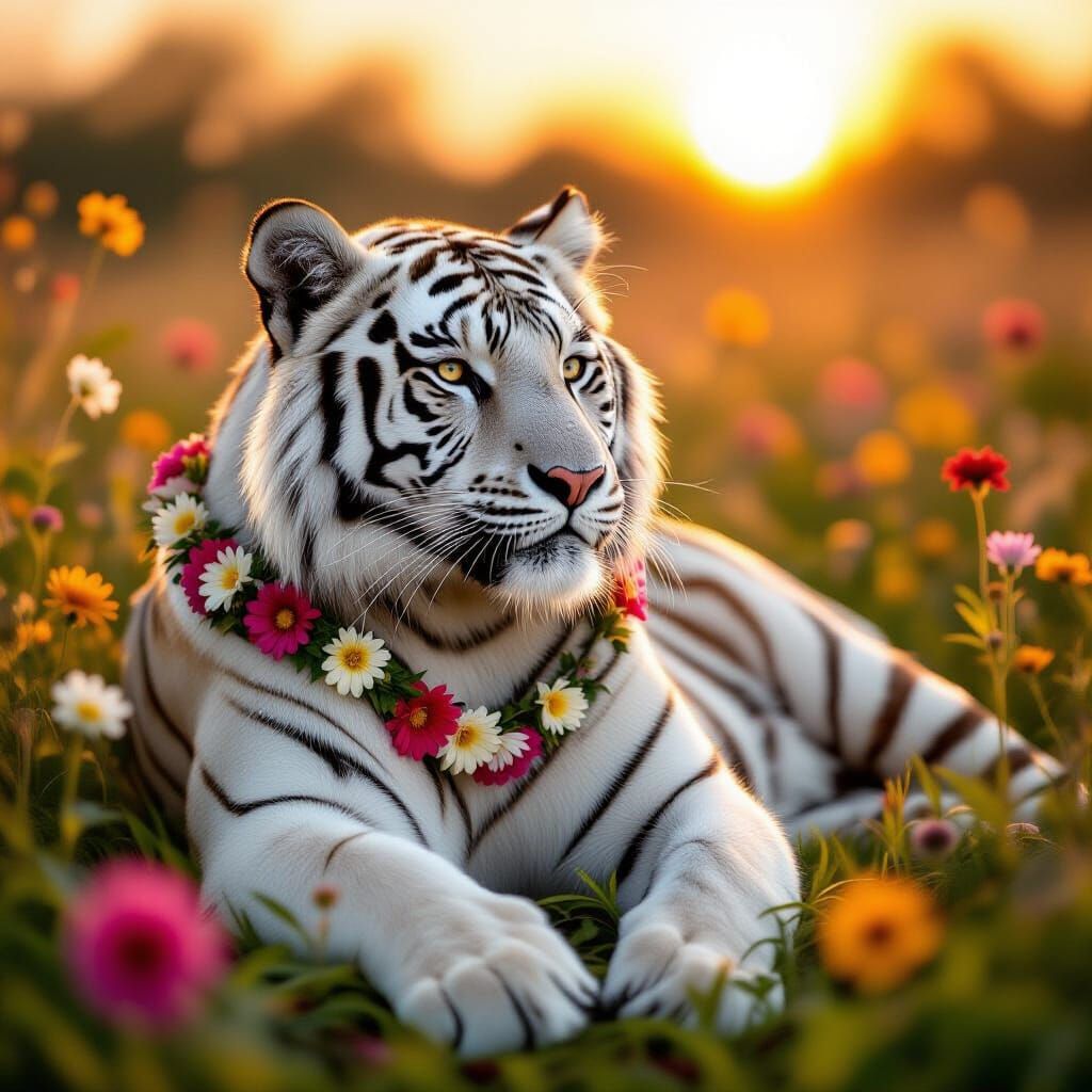 White Tiger in Wildflower Meadow as Impressionistic Painting