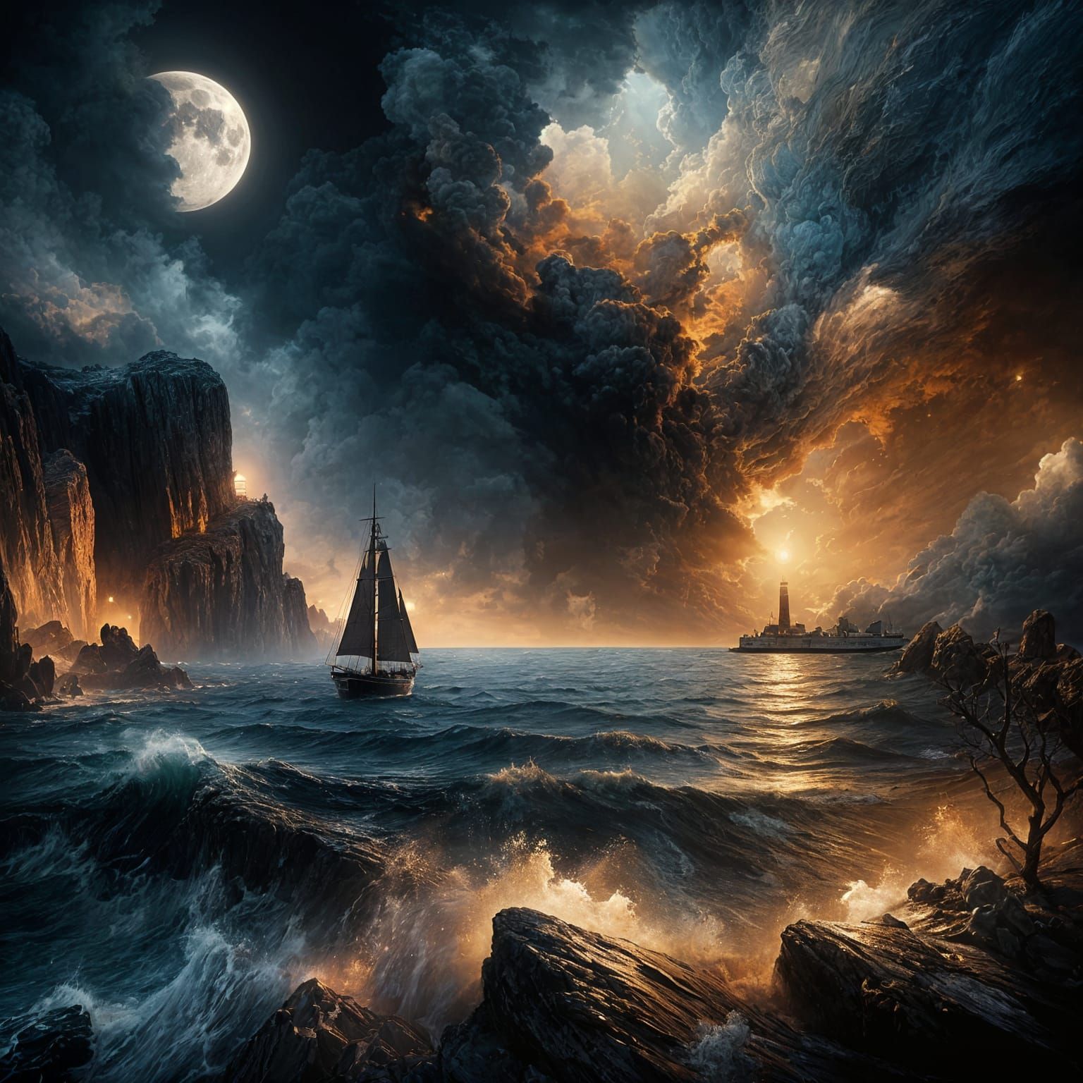 Dramatic Night Ocean: Sailboat and Lighthouse