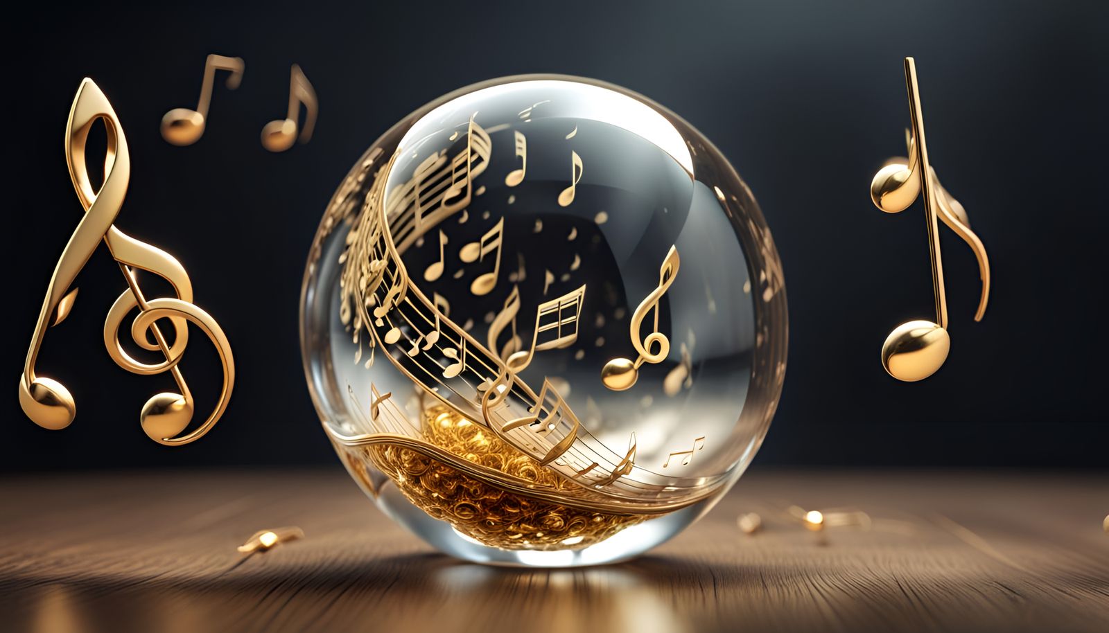 Golden Musical Notes in Glass Sphere