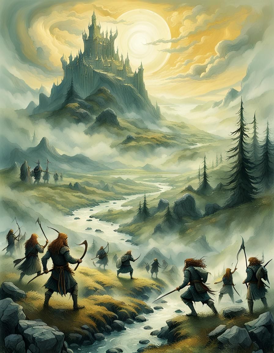 Celtic Battle Scene in Misty Irish Landscape