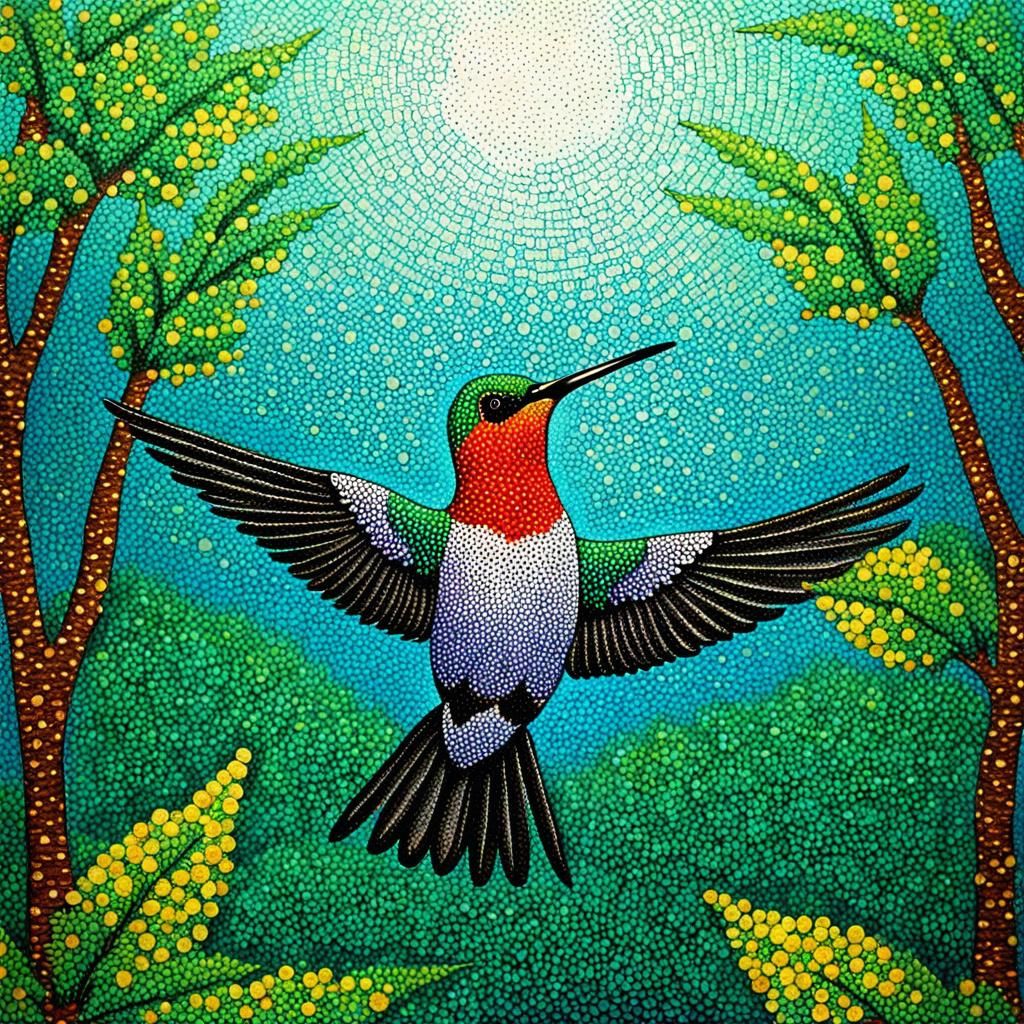 Pointillist Hummingbird Among Flamboyant Trees