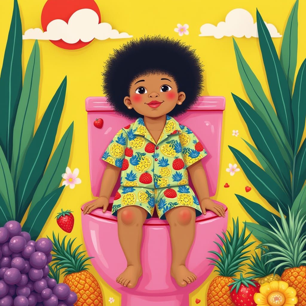 Vibrant Tropical Child Surrounded by Fruits and Whimsy