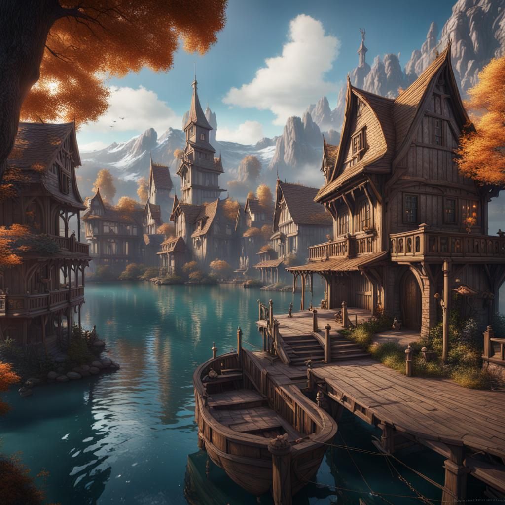 Fantastical Lake Town in Detailed Matte Painting