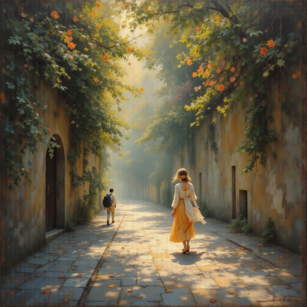Woman Walking on Sunlit Street