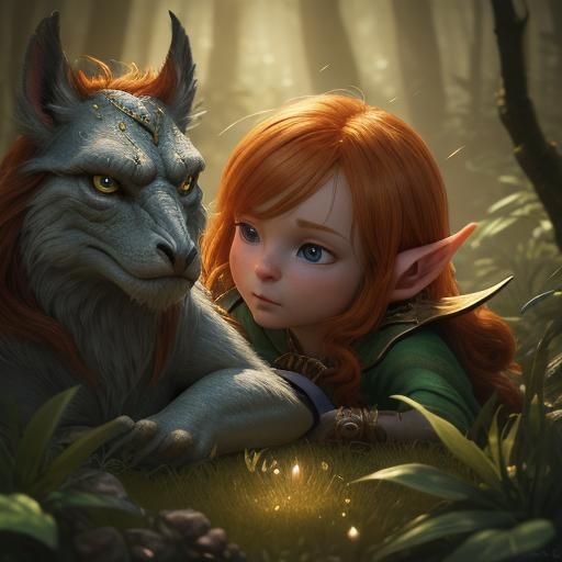 High Elf Baby and Griffin Chick in Mystical Forest