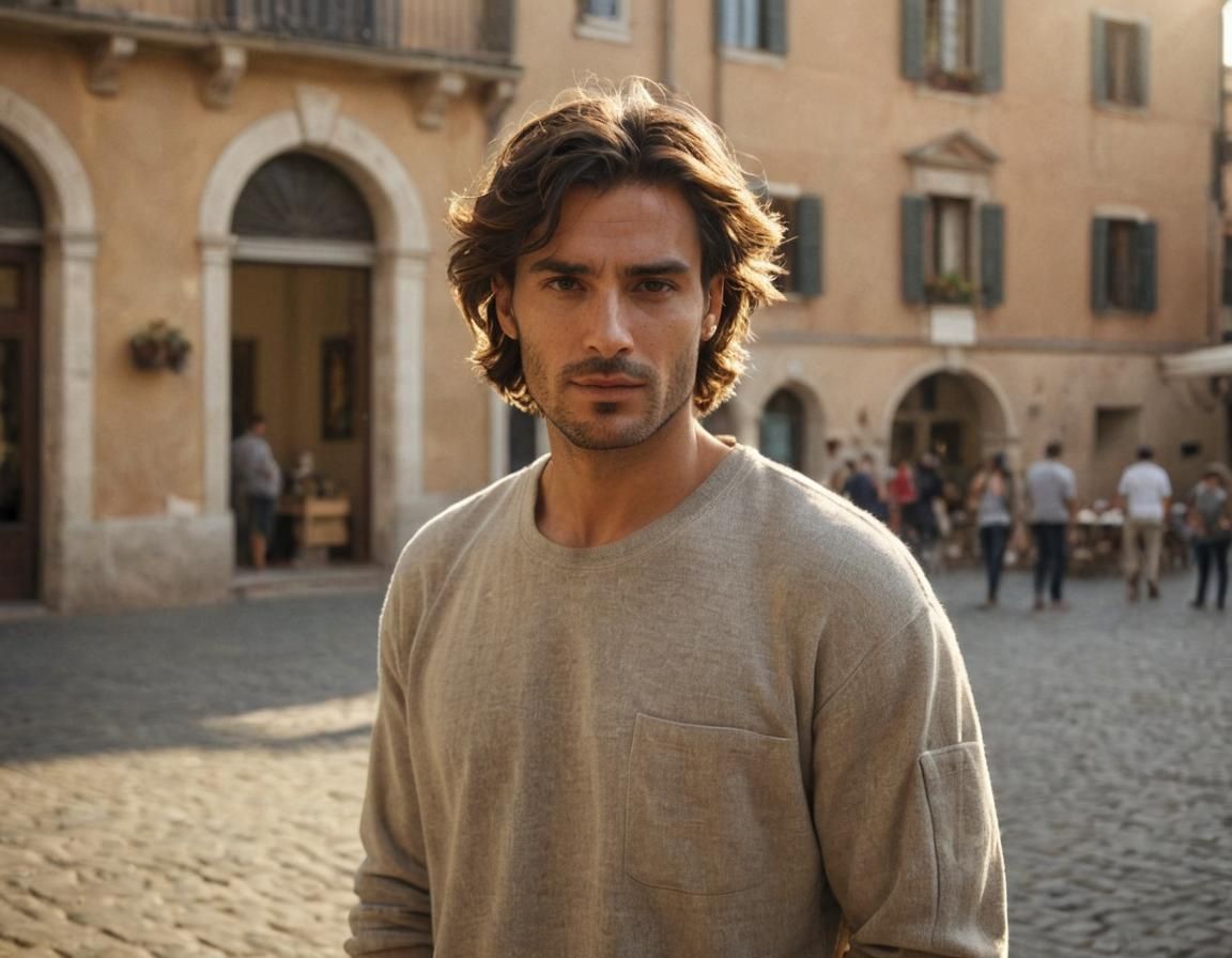Italian Man in Sunlit Piazza: Romantic Realism
