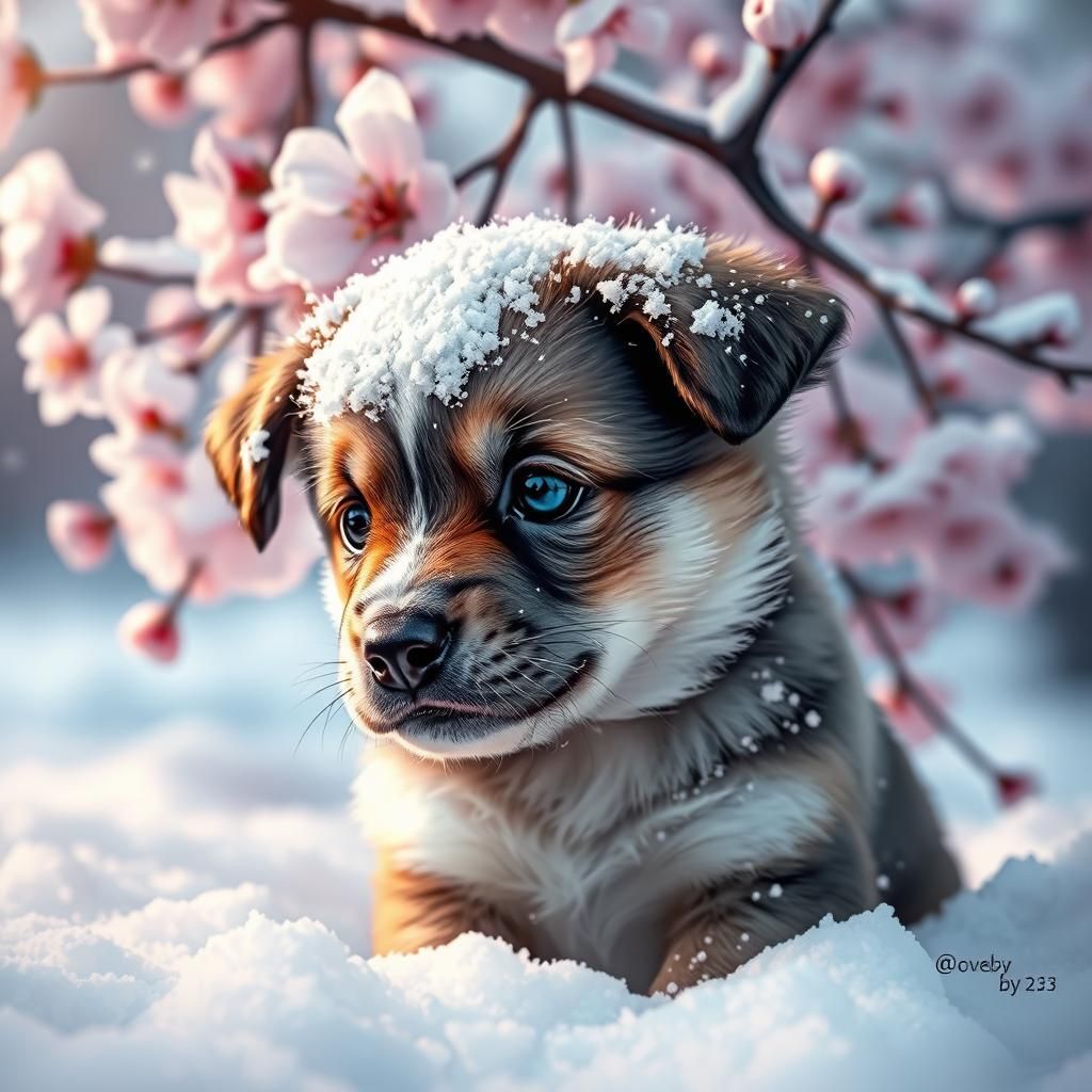 Adorable Puppy in Snow, Cherry Blossom Backdrop