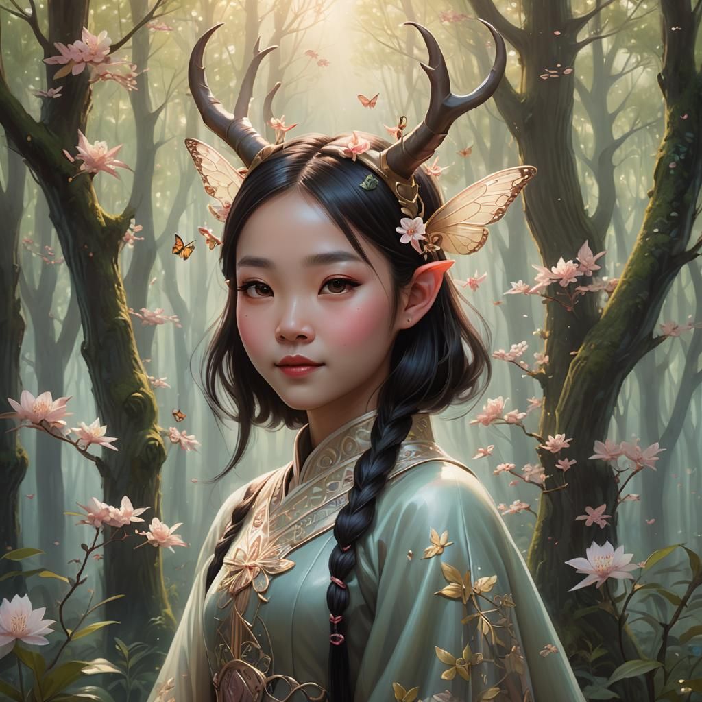 Ethereal Asian Girl with Horns in Pop Surrealism