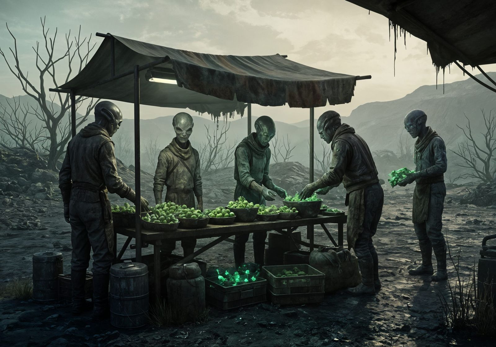Extraterrestrial Farmers Market in Post-Apocalyptic Style