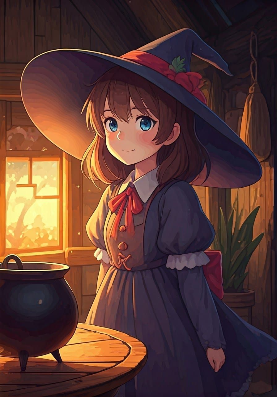 Cute Witch in Cozy Shack: Ghibli Anime Style