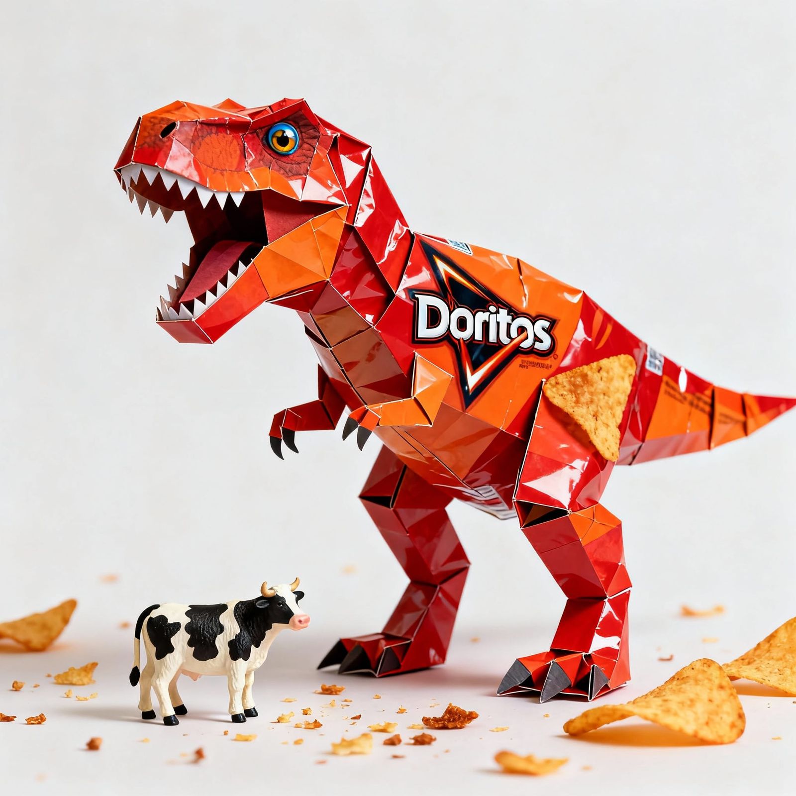 Dinosaur Crafted from Doritos Bag with Toy Cow