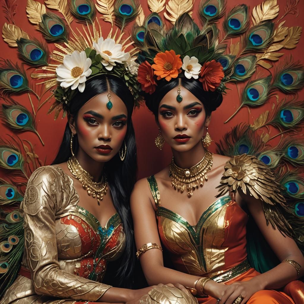 Fantasy Women with Peacock Hair, Greg Rutkowski Style