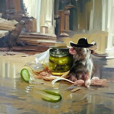 Rat in Cowboy Hat Eating Pickles as Oil Painting