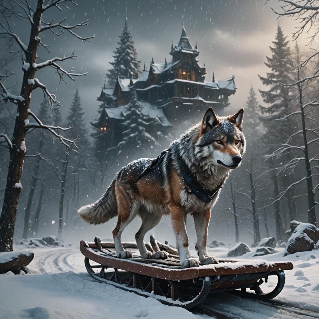 Snow Wolf on Sled in Winter Storm