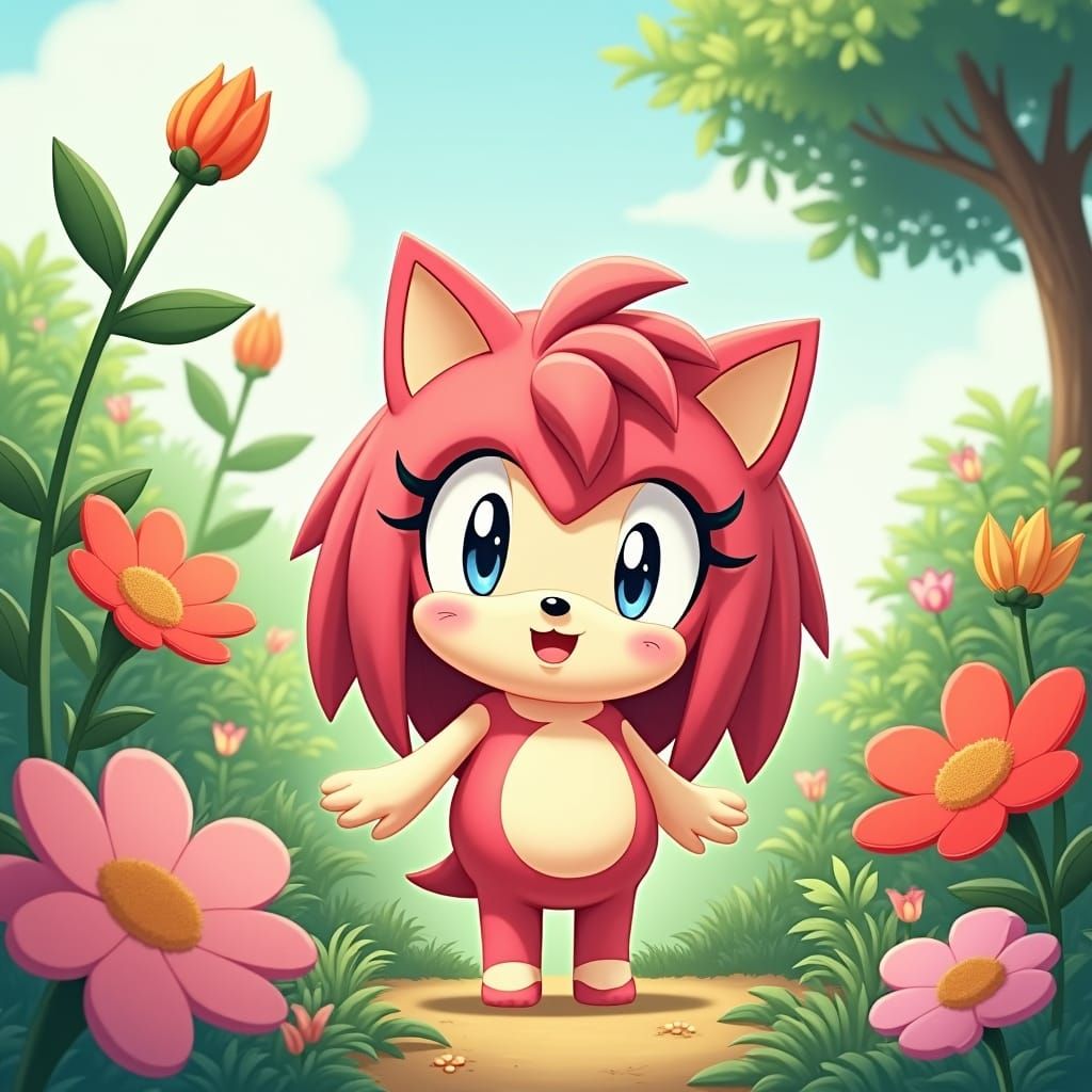 Amy Rose in Whimsical Anime Garden Setting