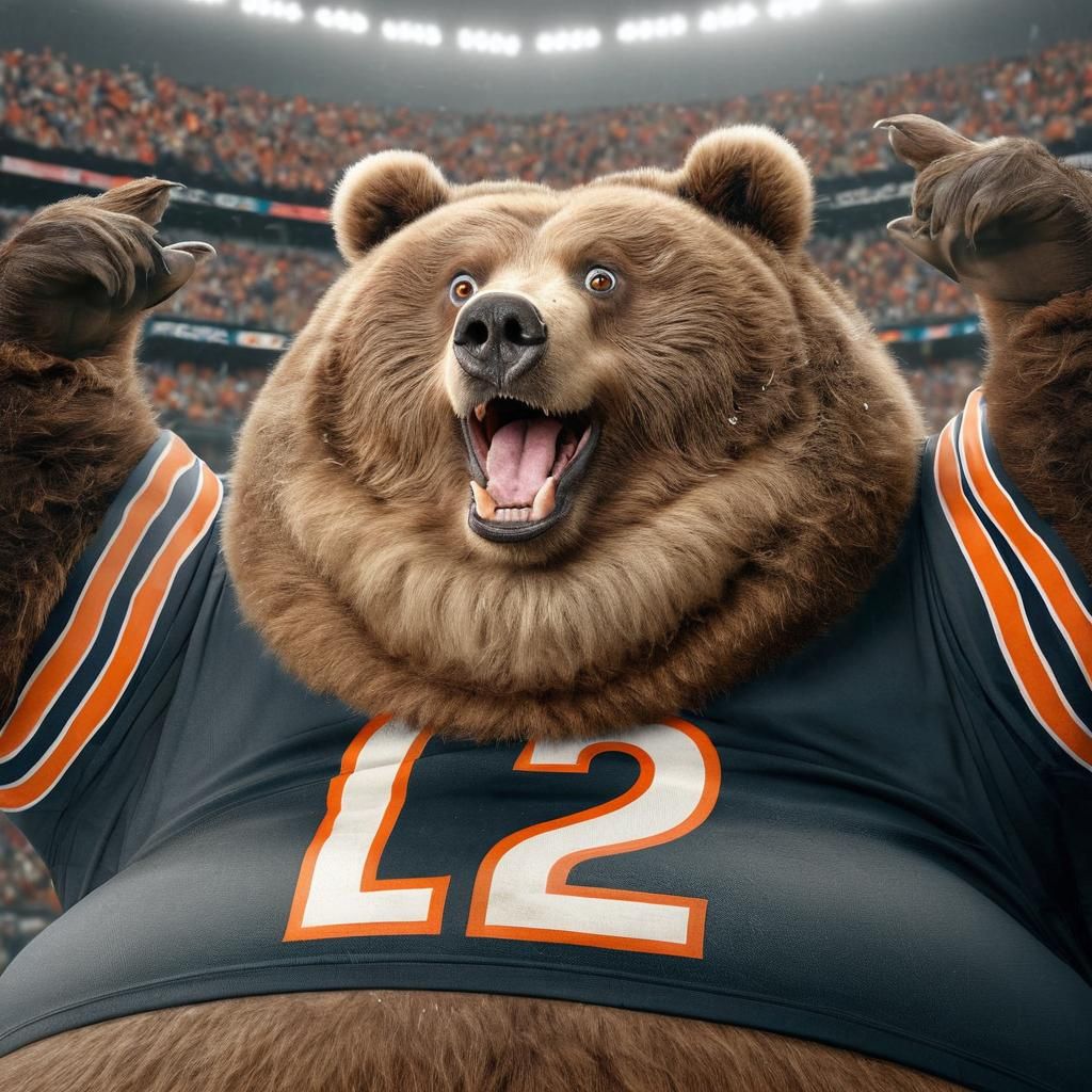 Excited Obese Kodiak Bear in Chicago Bears Jersey