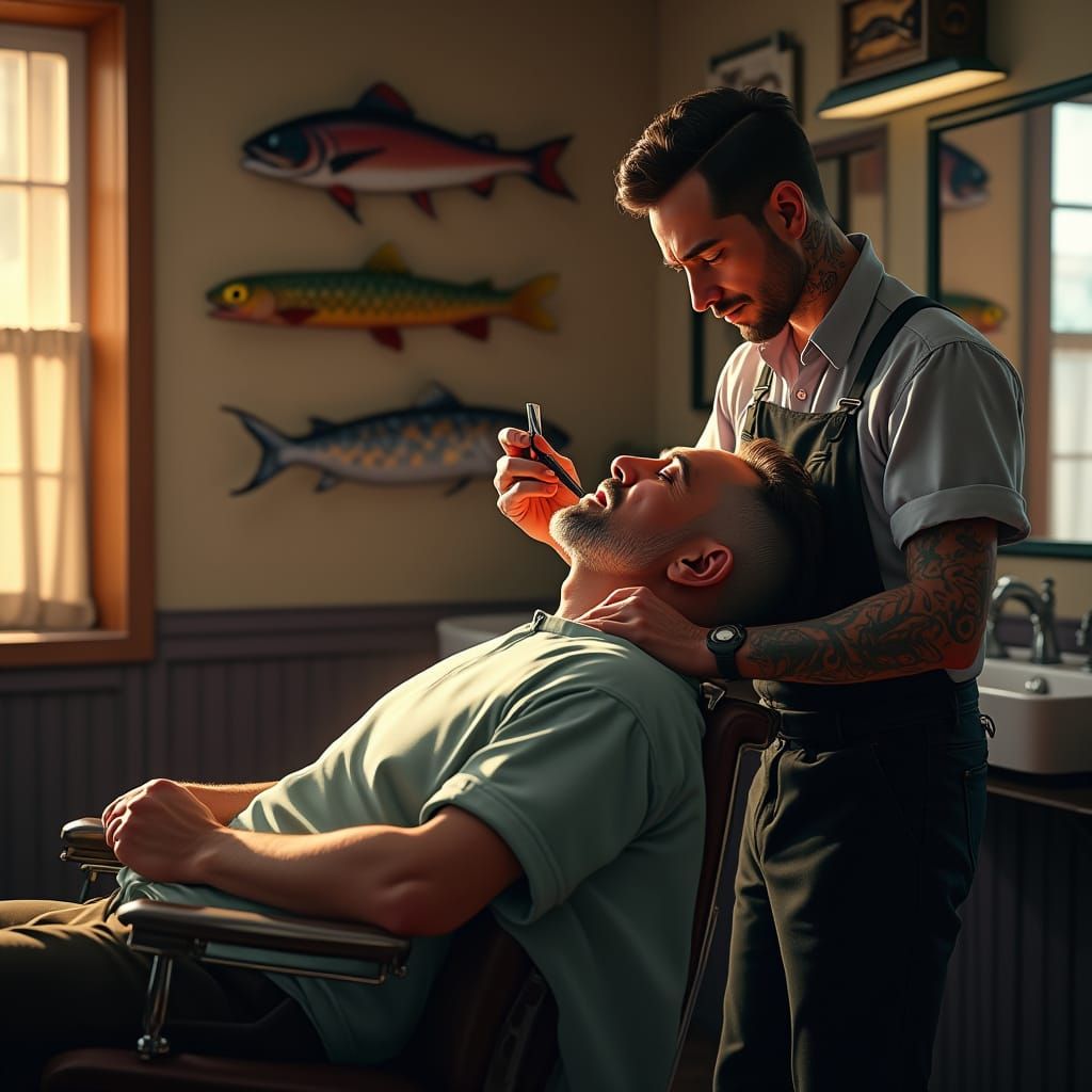 Barber Shop Scene: Straight Razor Shave with Trophy Fish