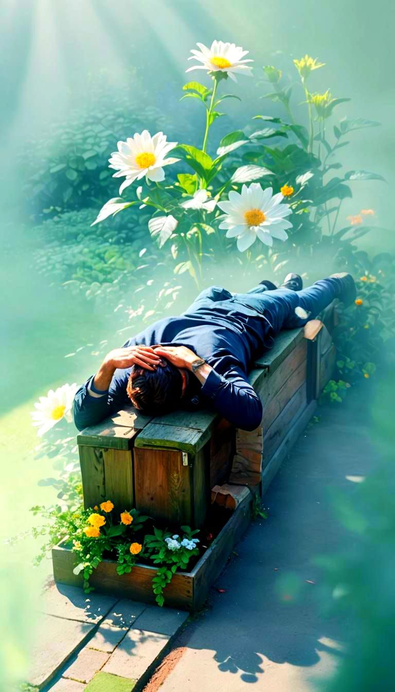 Contemplative Man on Flower Boxes: Realistic Stock Photo