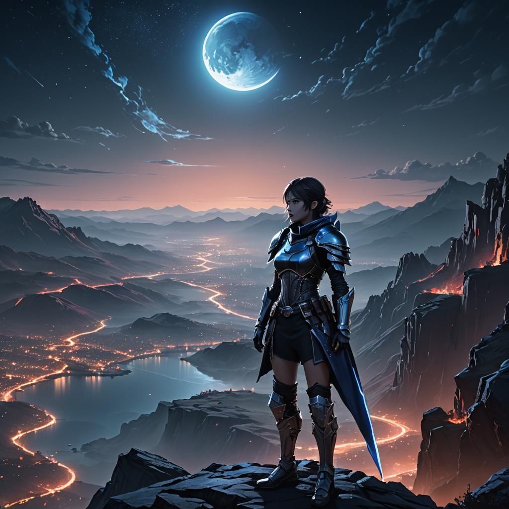 Anime Girl in Dark Armor on Mountain Cliff