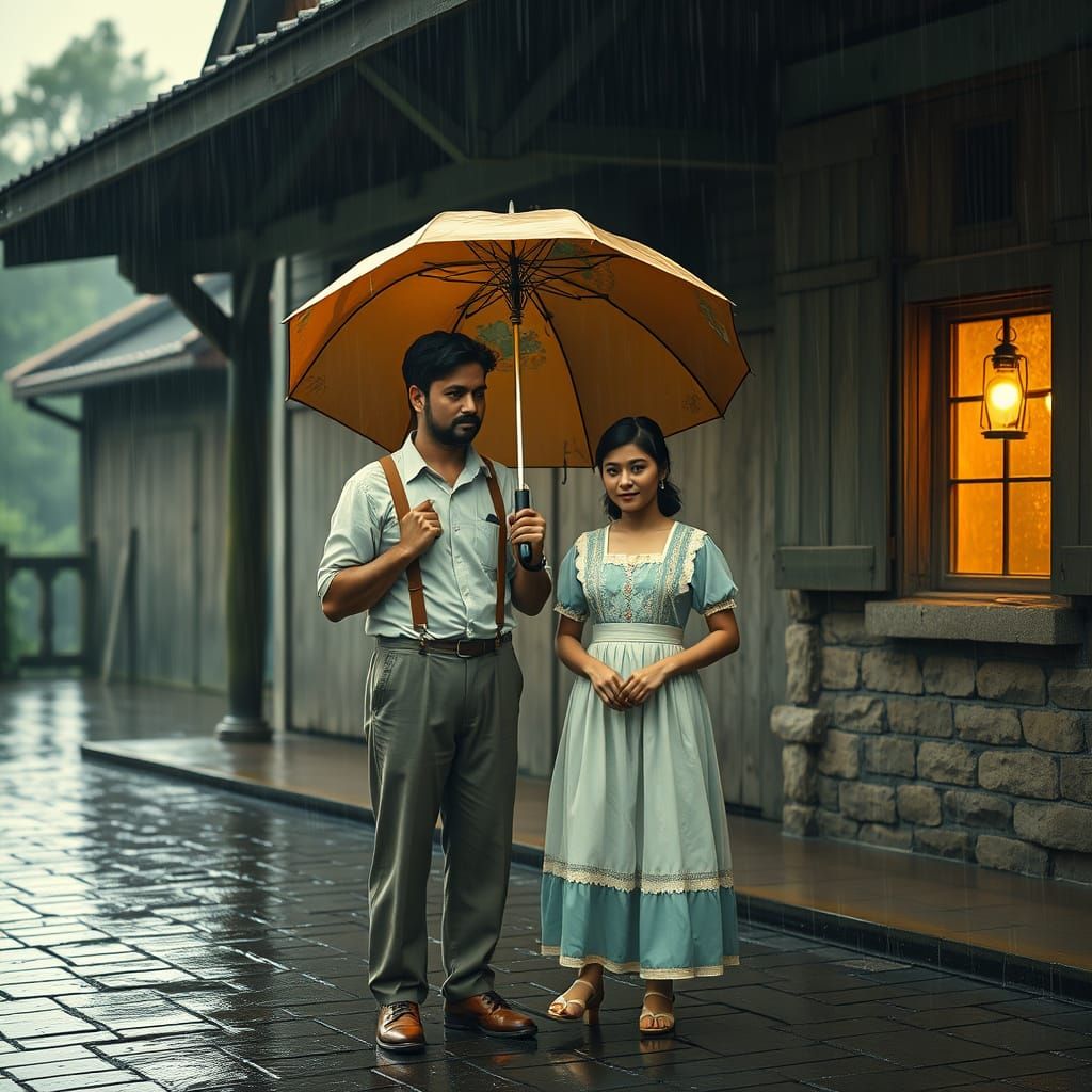 Romantic Farm Couple in Rain, Painterly Style
