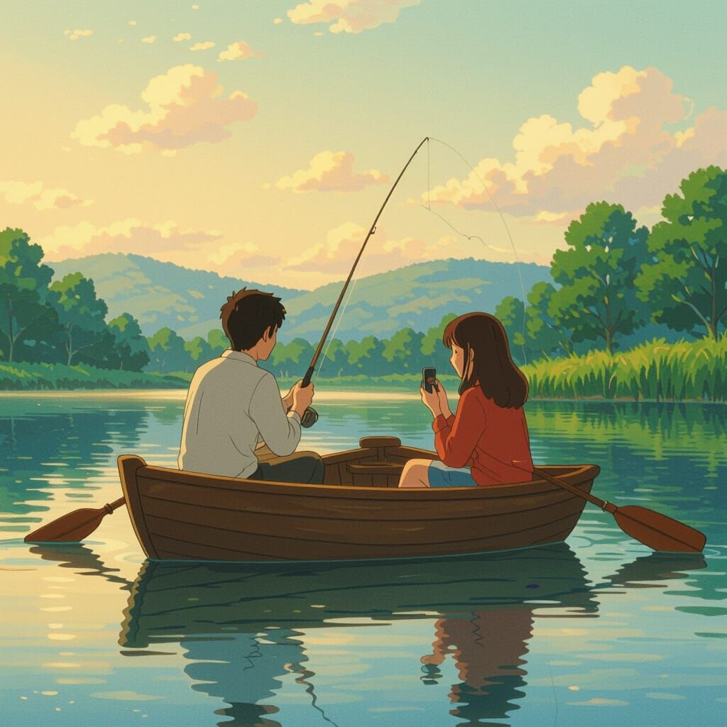Romantic Couple Fishing in Golden Light, Anime Style
