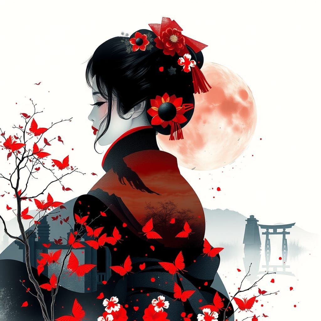 Geisha Silhouette in Double Exposure Japanese Landscape Art
