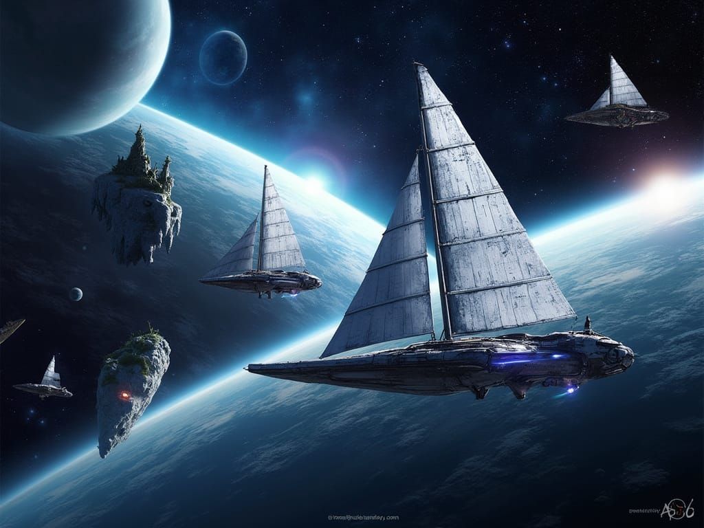 Futuristic Solar Sail Spaceships Race Through Alien Space
