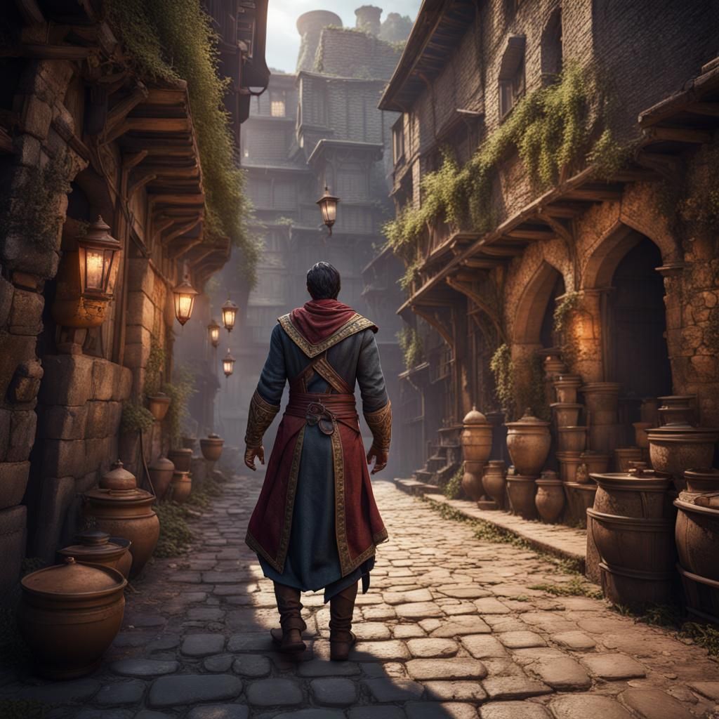 Indian Shapeshifter in Medieval City Alley