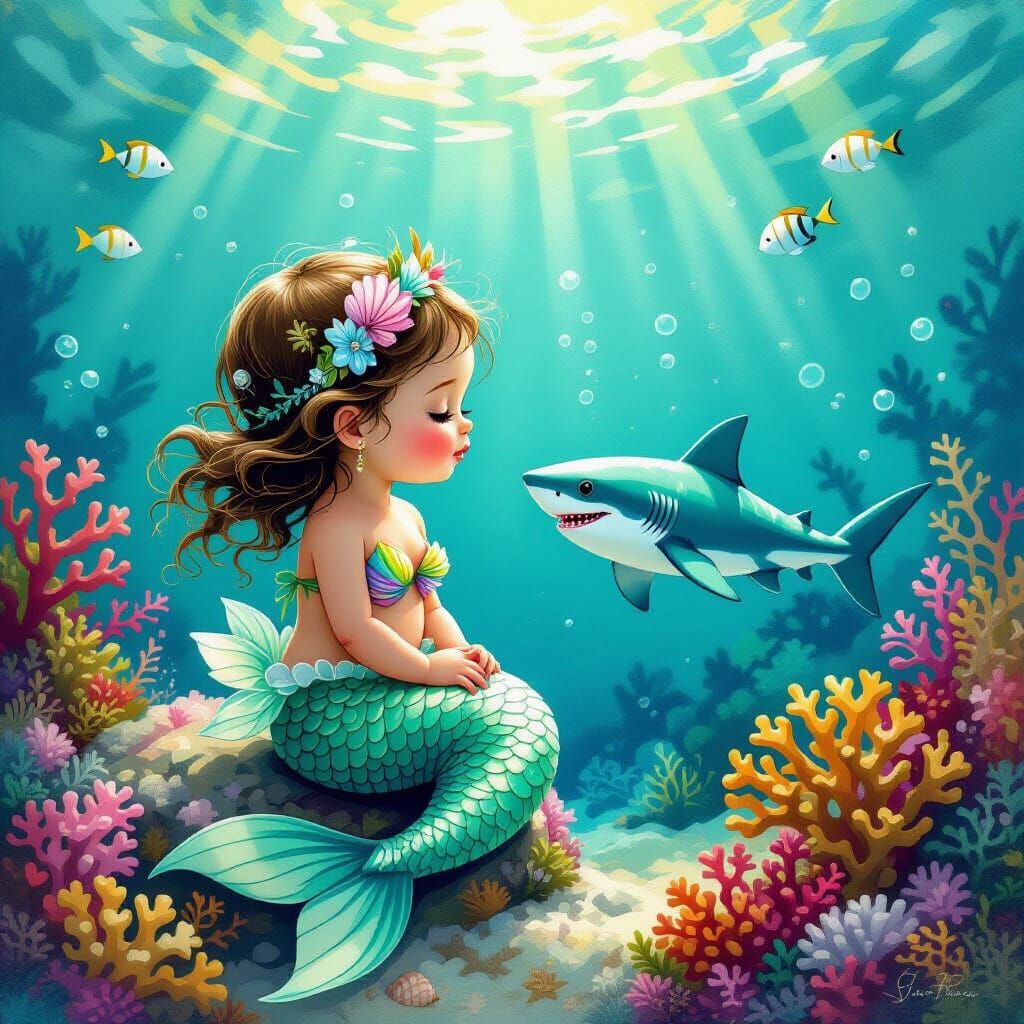 Baby Mermaid and Shark in Gurney Style