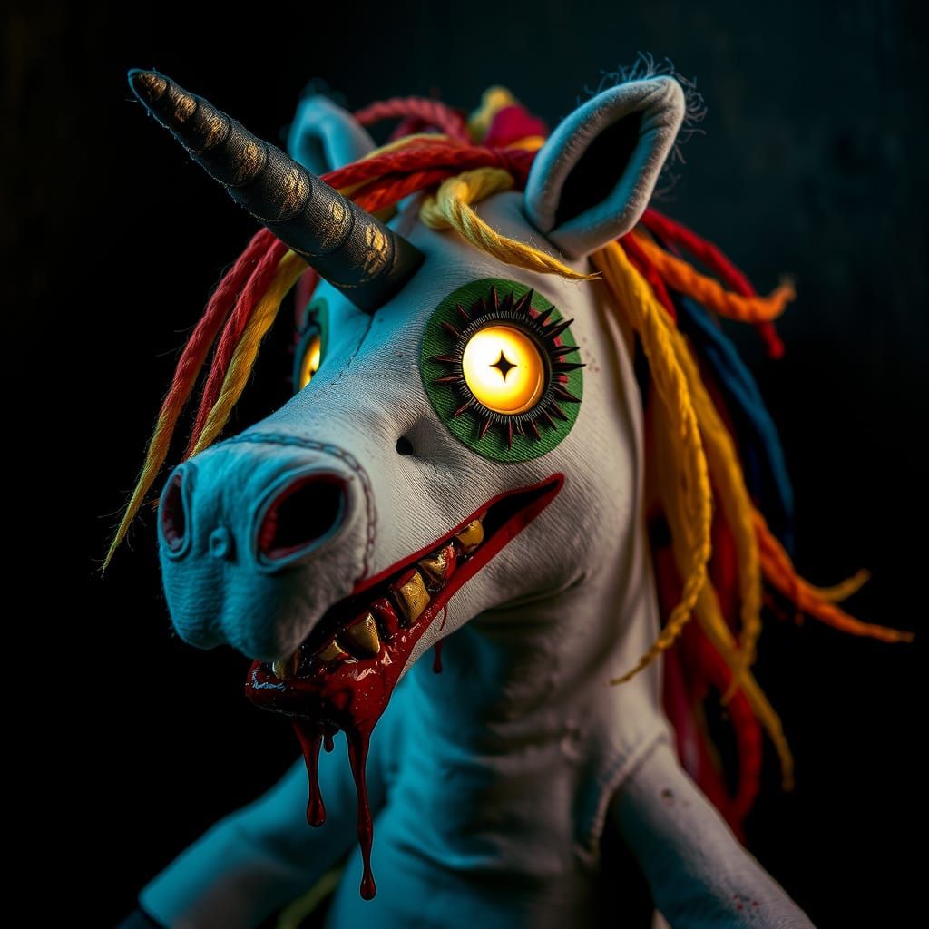 Creepy Stuffed Unicorn with Bloodied Horn