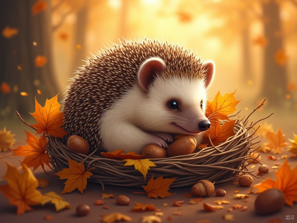 Hedgehog in Autumn Leaves Illustration