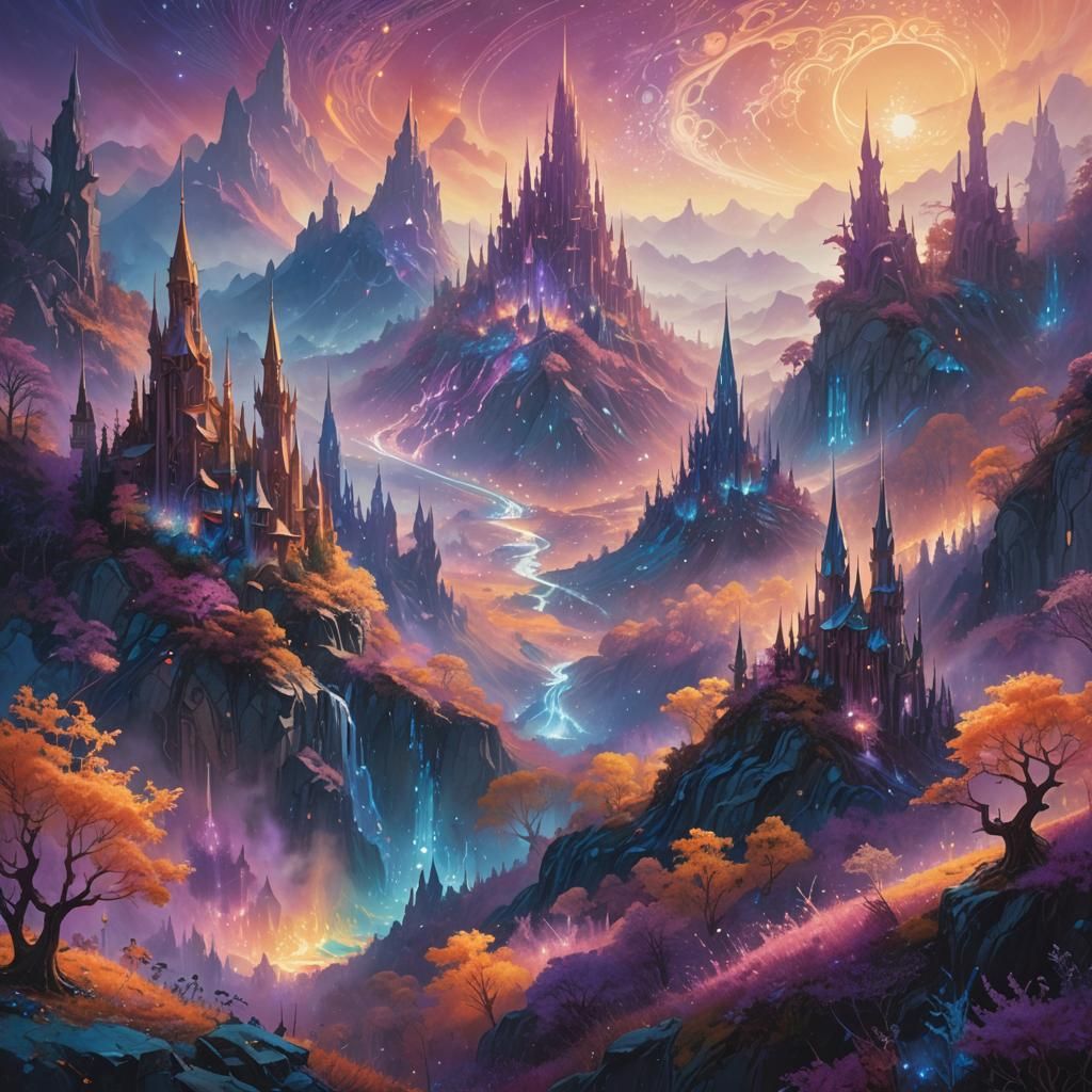 Iridescent Forest Landscape with Crystal Spires