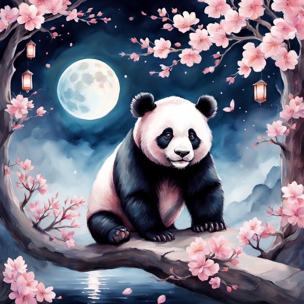 Giant Panda Paints Cherry Blossoms Under Moonlit Sky