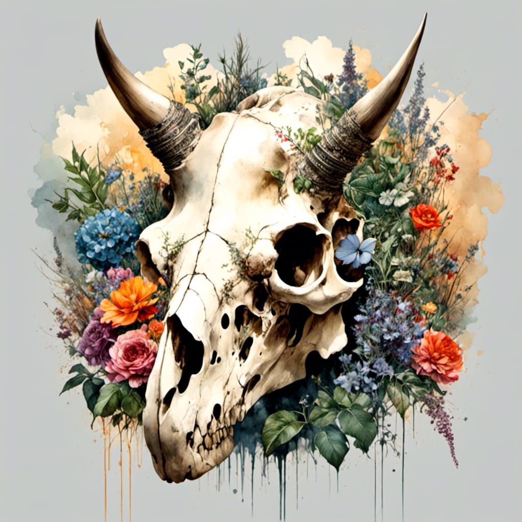 Watercolor Triceratops Skull with Exotic Flora and Fauna