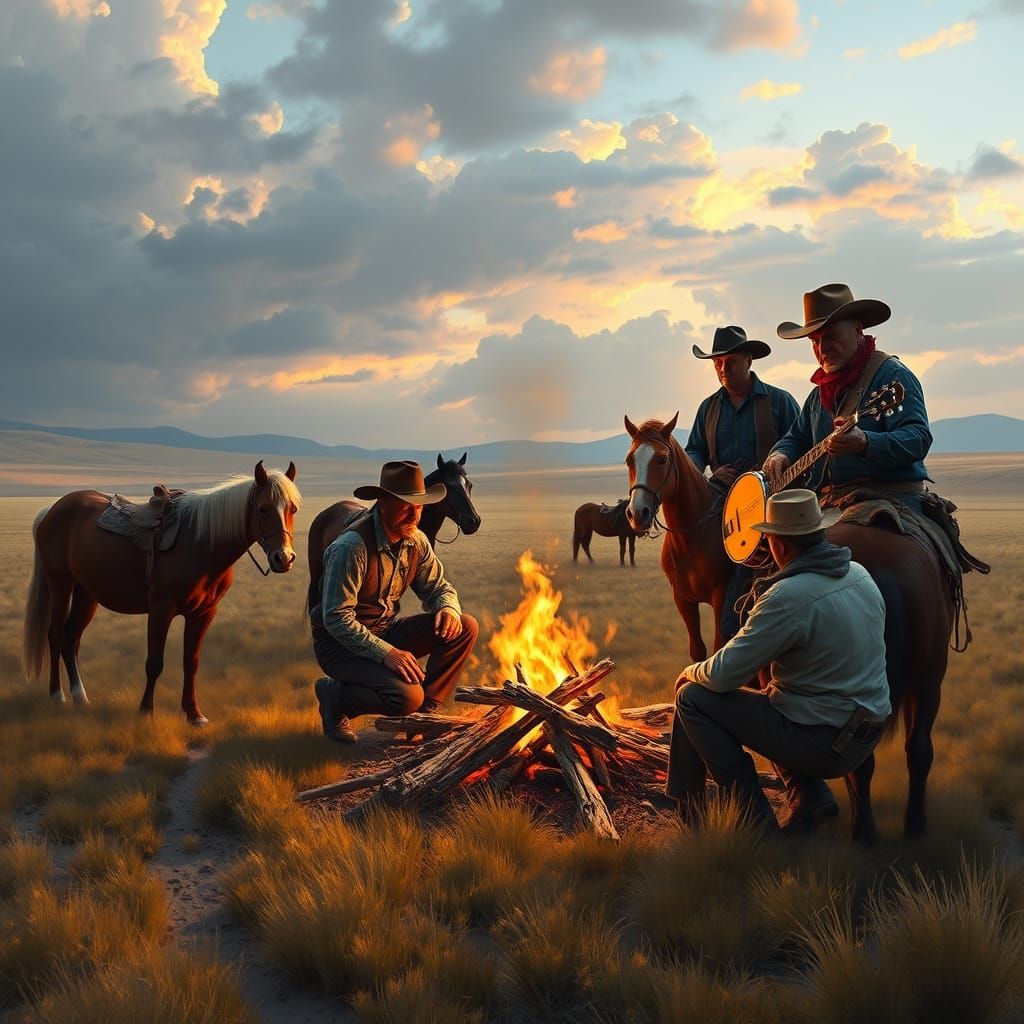 Far West Cowboys Gather Around Campfire with Banjo Player