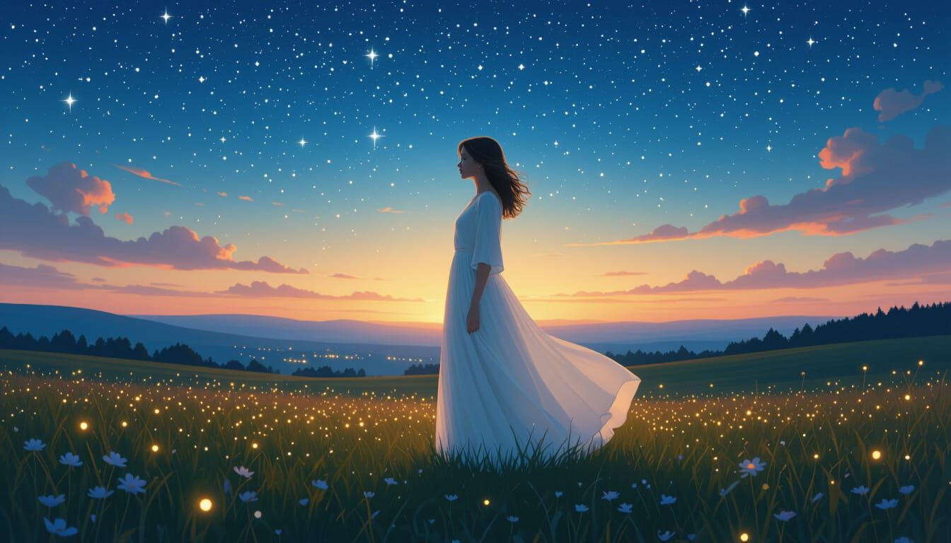 Woman in Starry Meadow: Hyperrealistic Digital Art
