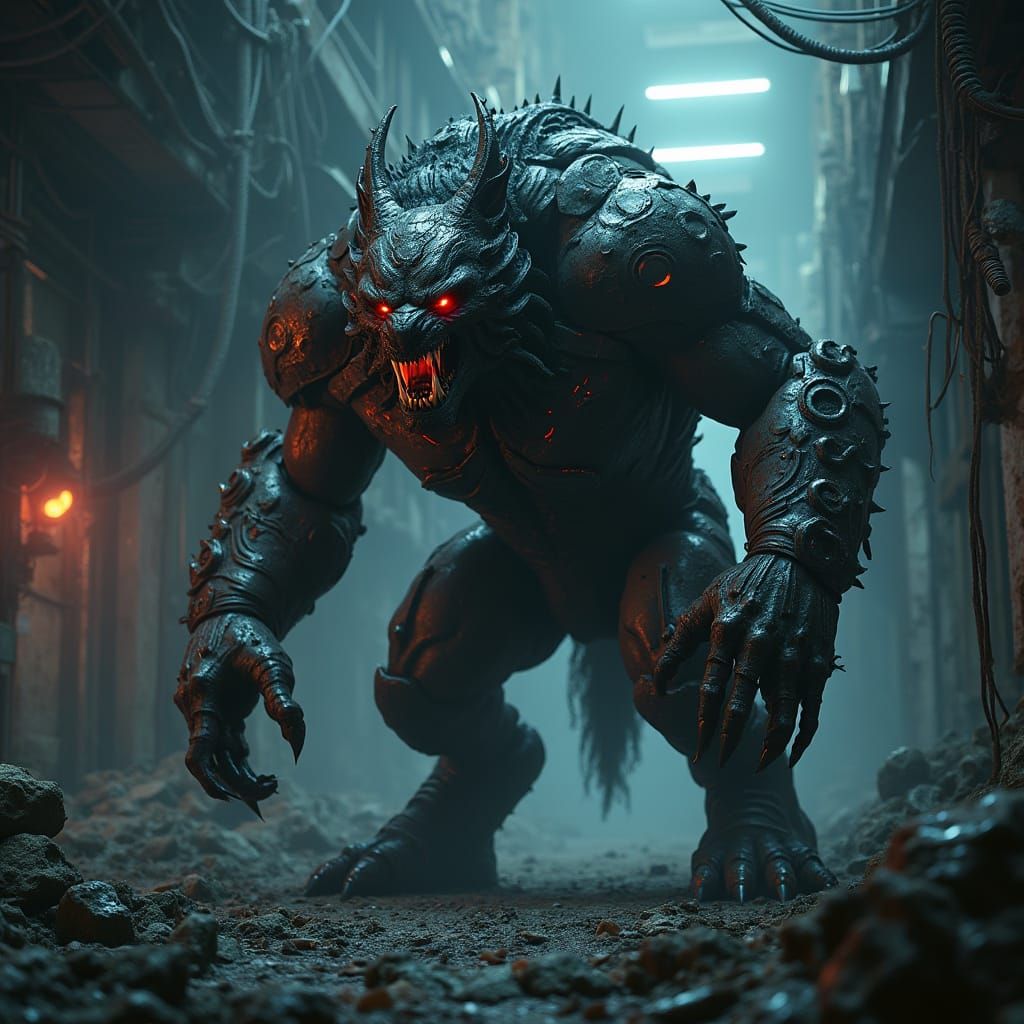 Cybernetic Beast Defends Ruins in Dark, Gritty Landscape