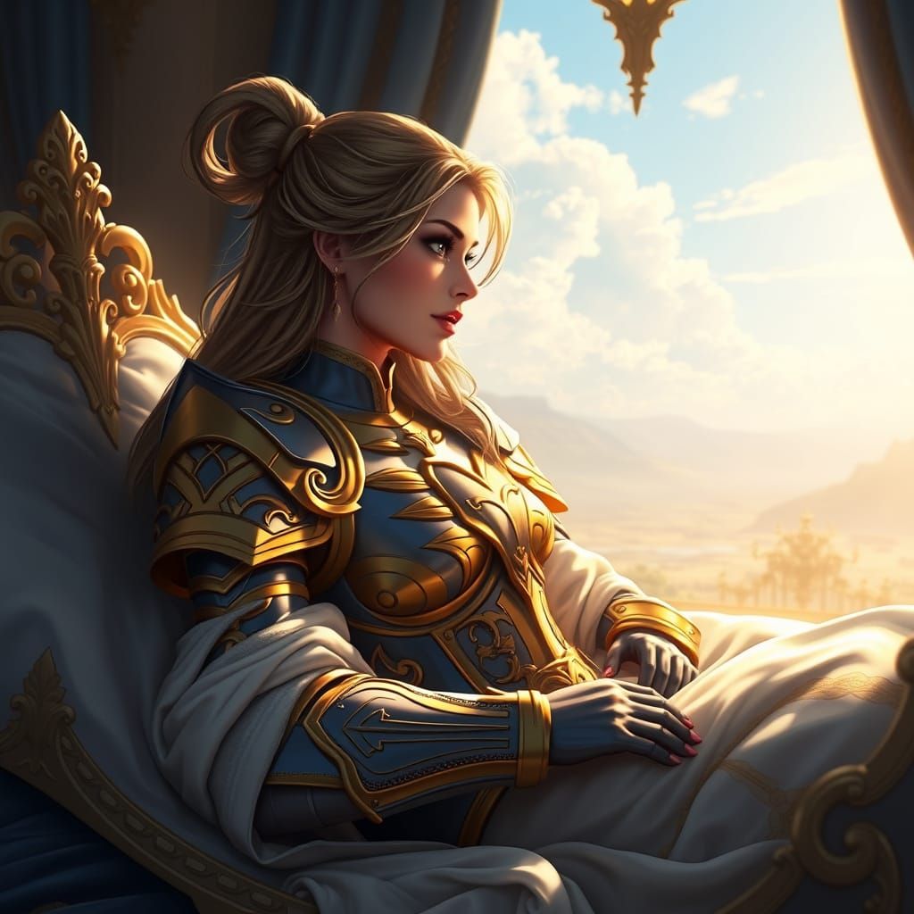 Regal Female Paladin in Cinematic Blue and Gold Armor