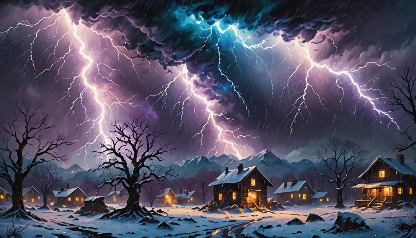 Snowstorm Illuminated by Lightning in Dark Fantasy Art