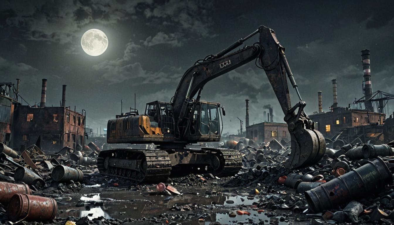 Creepy Excavator in 1940s Industrial Wasteland