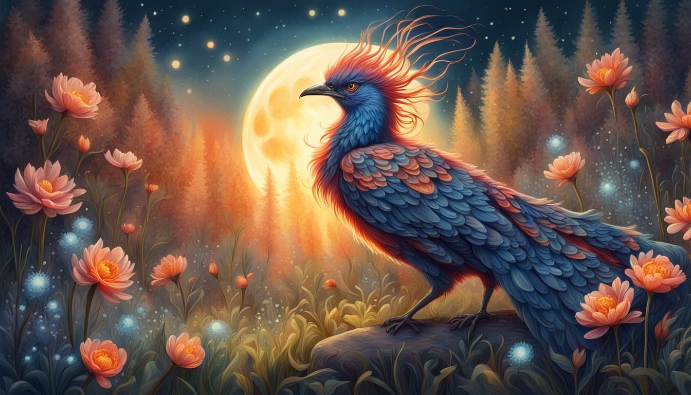 Fantasy Fire Bird in Moonlit Meadow Painting