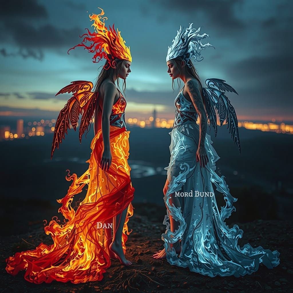 Elemental Nymphs in Twilight Landscape, Digital Art