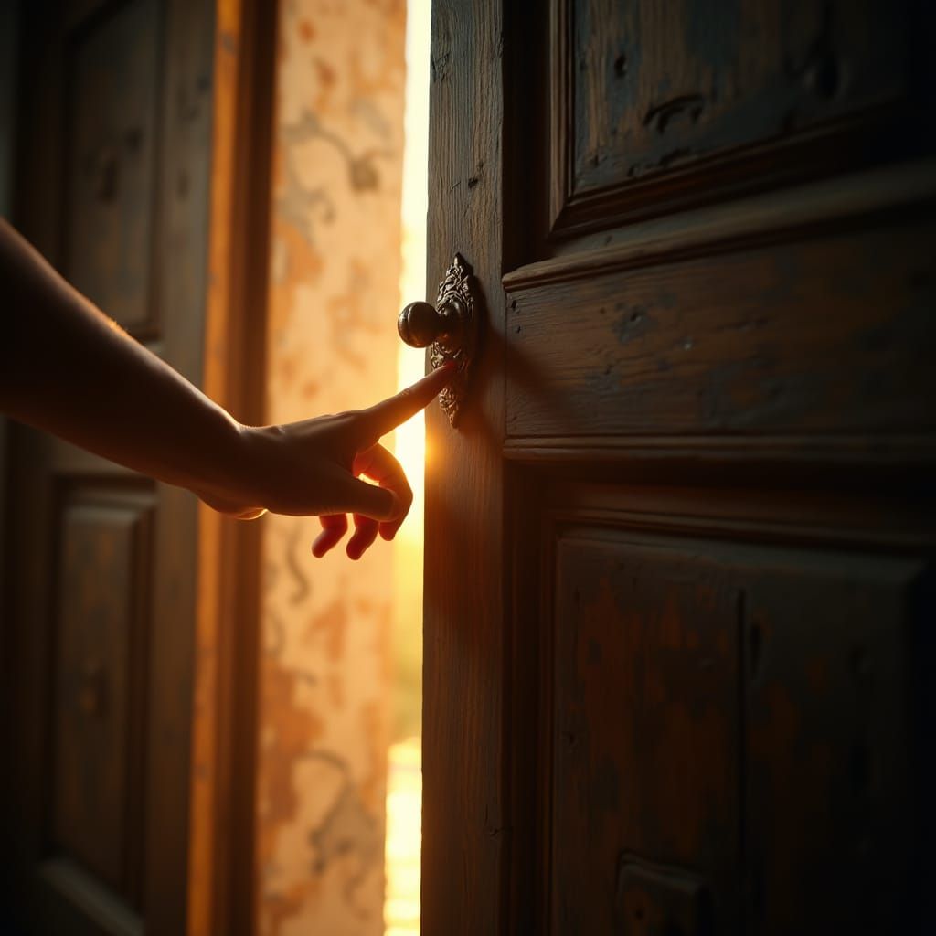 Mystical Golden Light Shines Through Open Wooden Door