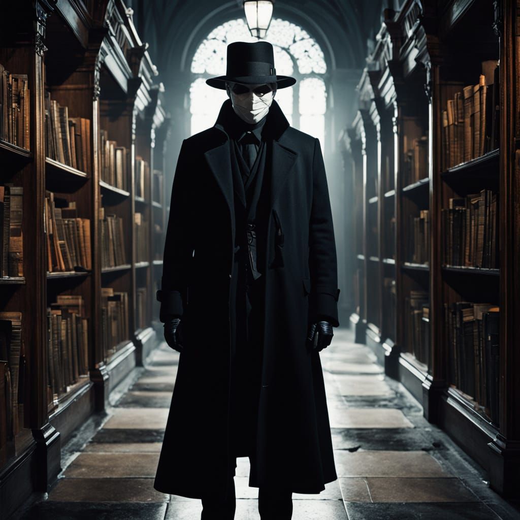 Gothic Figure Emerges from Shadows in an Old Library